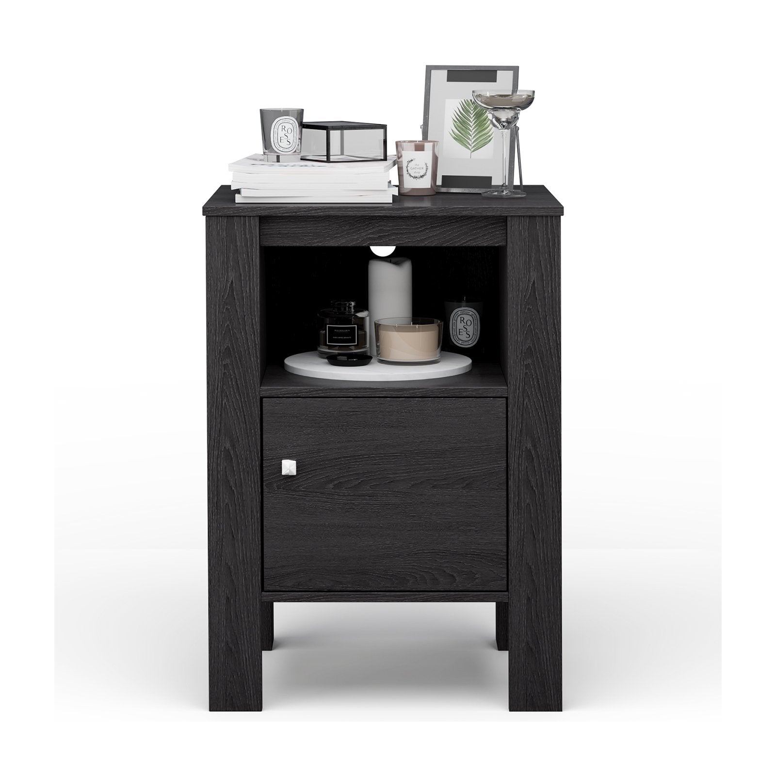 Compact Floor Farmhouse Nightstand with Open Shelf and Cabinet, Dark Gray Nightstands   at Gallery Canada