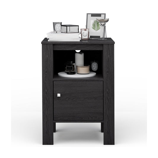 Compact Floor Farmhouse Nightstand with Open Shelf and Cabinet, Dark Gray - Gallery Canada