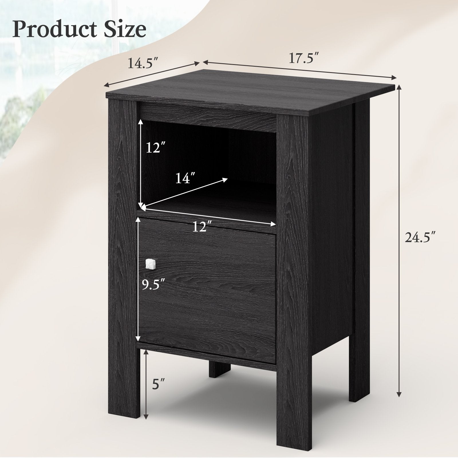 Compact Floor Farmhouse Nightstand with Open Shelf and Cabinet, Dark Gray Nightstands   at Gallery Canada