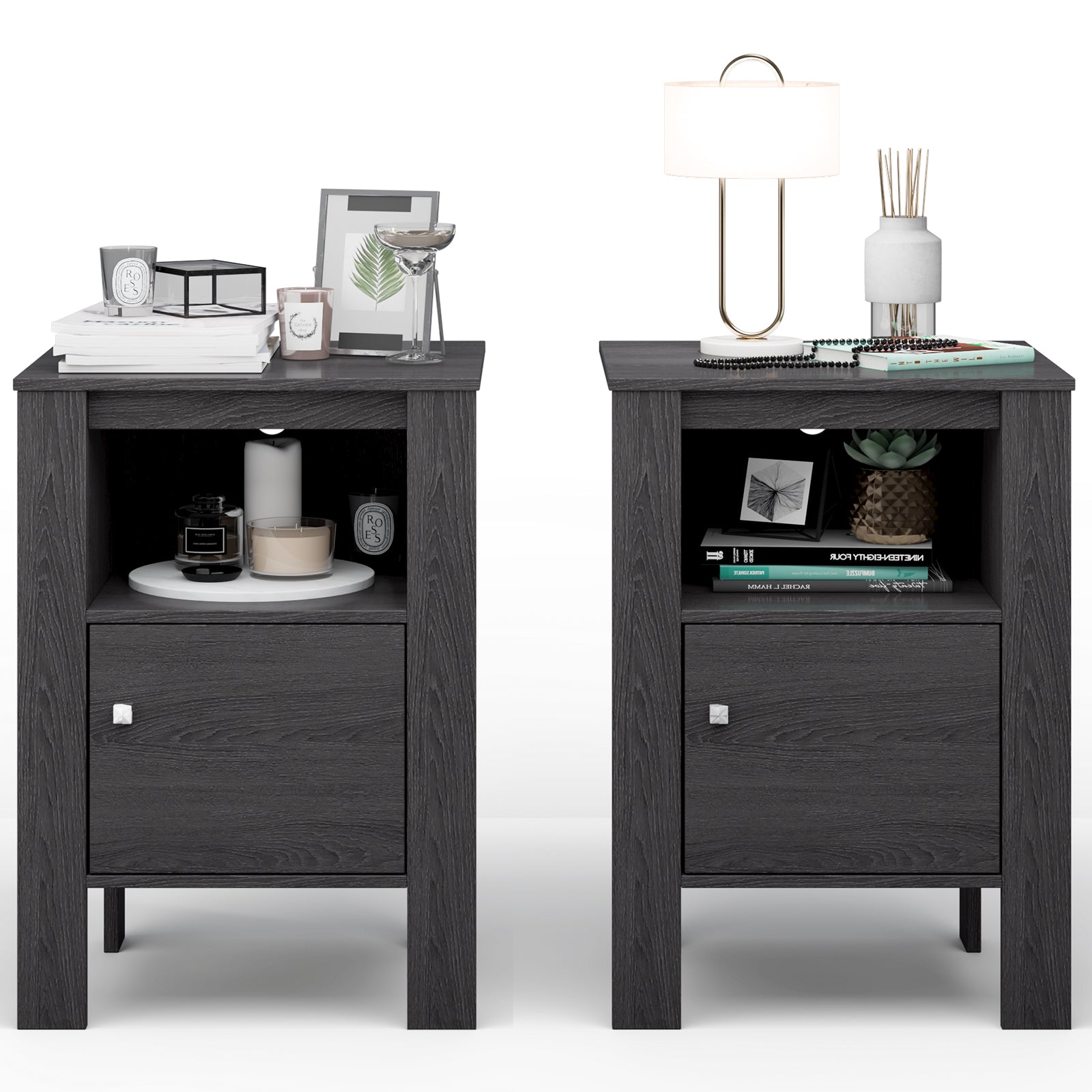 Compact Floor Farmhouse Nightstand with Open Shelf and Cabinet, Dark Gray Nightstands at Gallery Canada