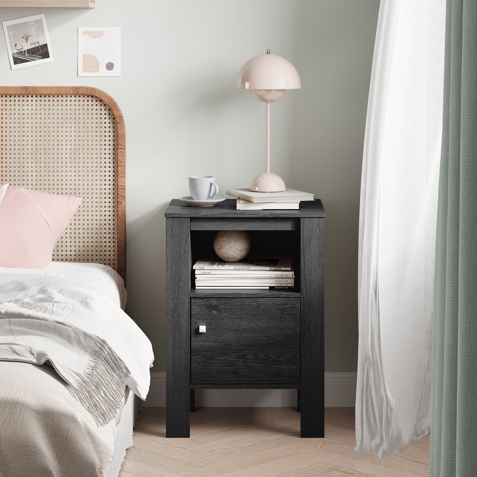 Compact Floor Farmhouse Nightstand with Open Shelf and Cabinet, Dark Gray Nightstands at Gallery Canada