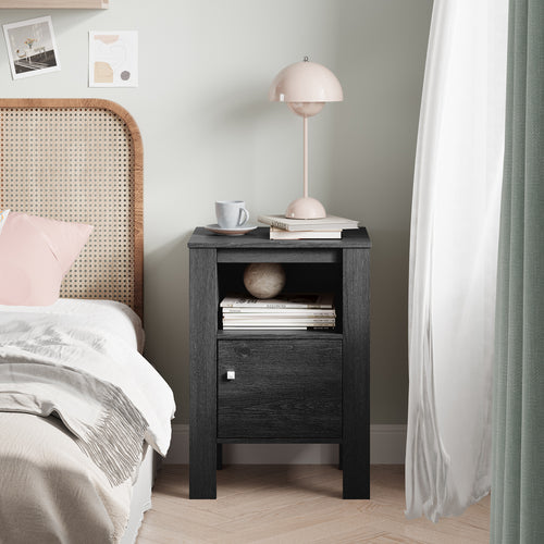 Compact Floor Farmhouse Nightstand with Open Shelf and Cabinet, Dark Gray