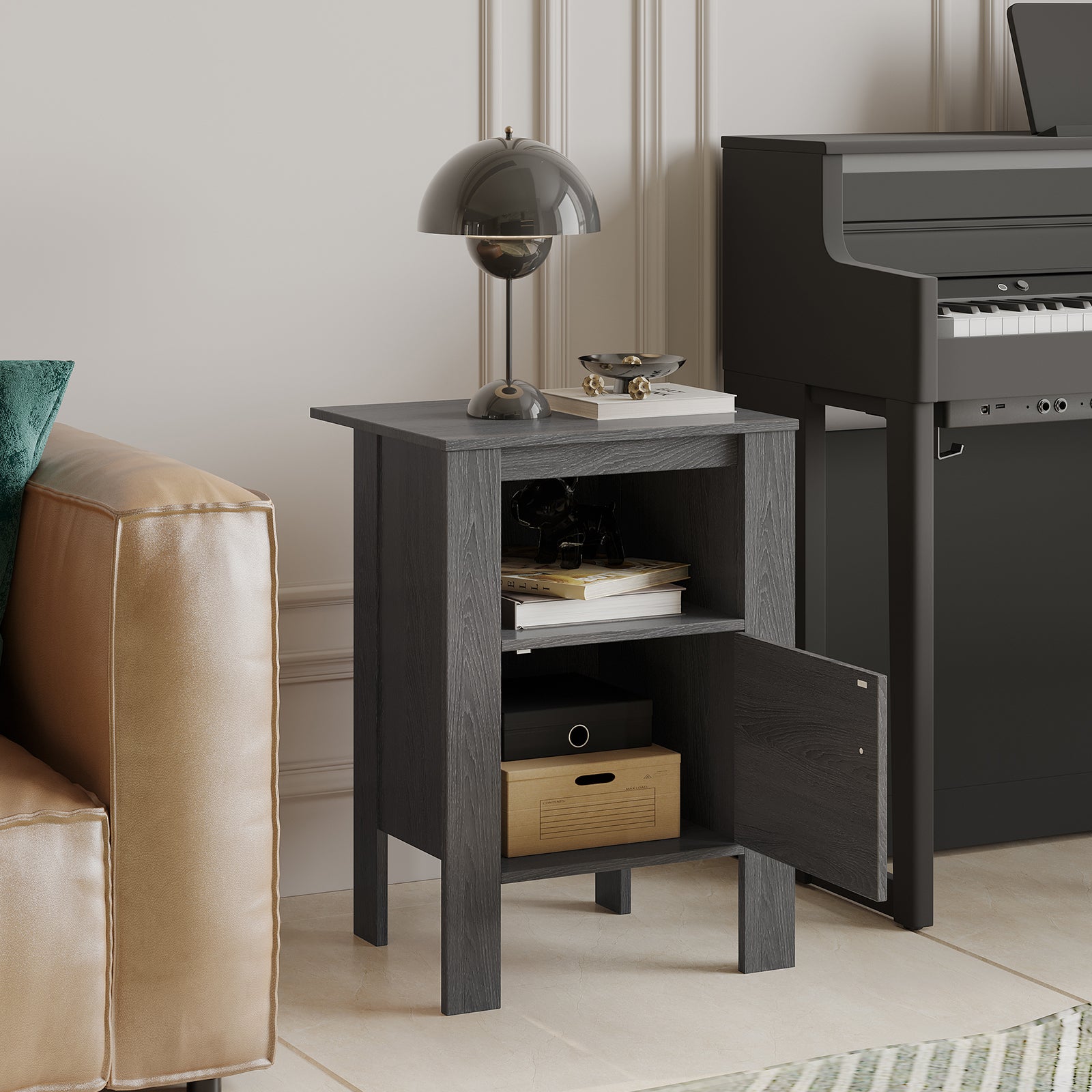 Compact Floor Farmhouse Nightstand with Open Shelf and Cabinet, Dark Gray Nightstands at Gallery Canada