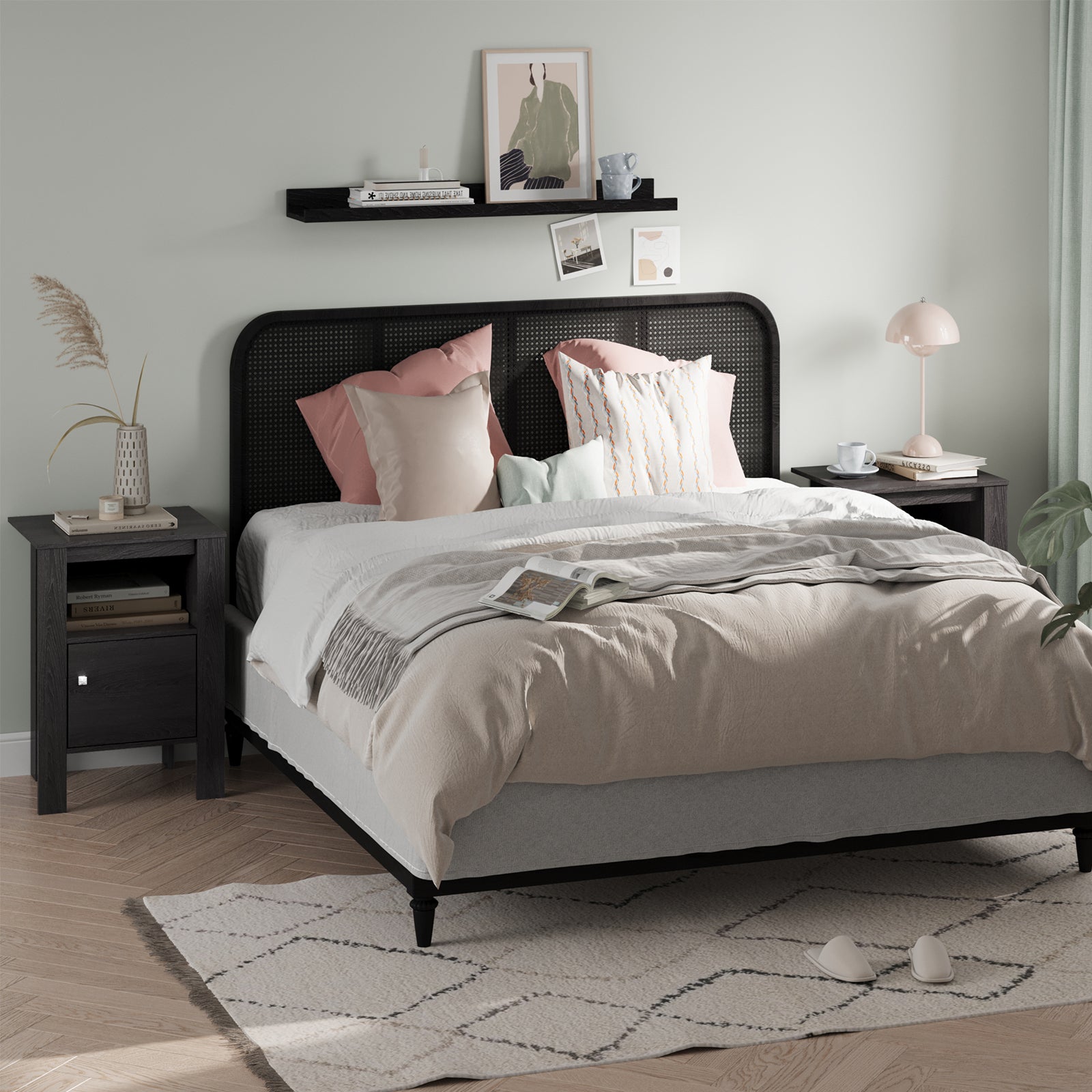 Compact Floor Farmhouse Nightstand with Open Shelf and Cabinet, Dark Gray Nightstands at Gallery Canada