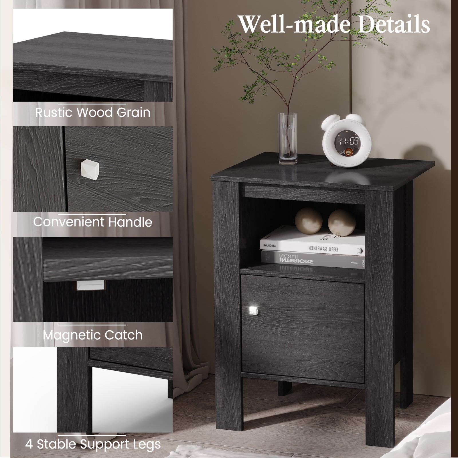 Compact Floor Farmhouse Nightstand with Open Shelf and Cabinet, Dark Gray Nightstands at Gallery Canada