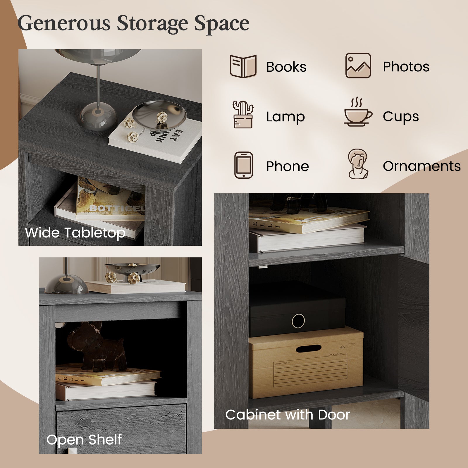 Compact Floor Farmhouse Nightstand with Open Shelf and Cabinet, Dark Gray Nightstands at Gallery Canada