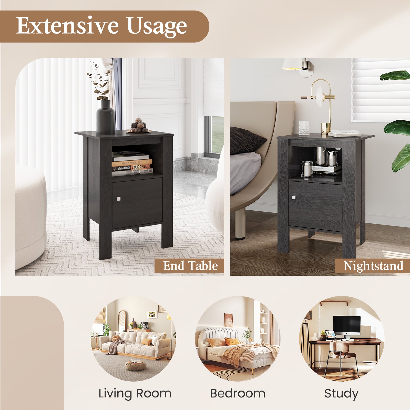 Compact Floor Farmhouse Nightstand with Open Shelf and Cabinet, Dark Gray Nightstands at Gallery Canada