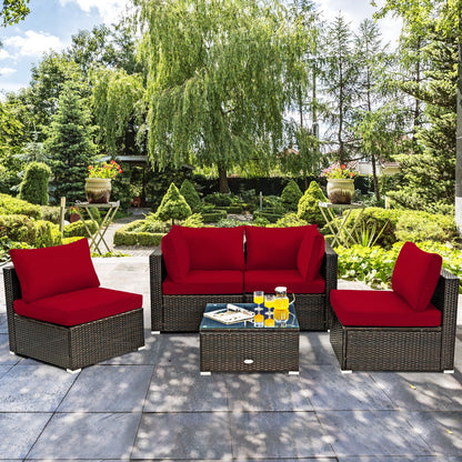 5 Pieces Cushioned Patio Rattan Furniture Set with Glass Table, Red Outdoor Sectionals   at Gallery Canada