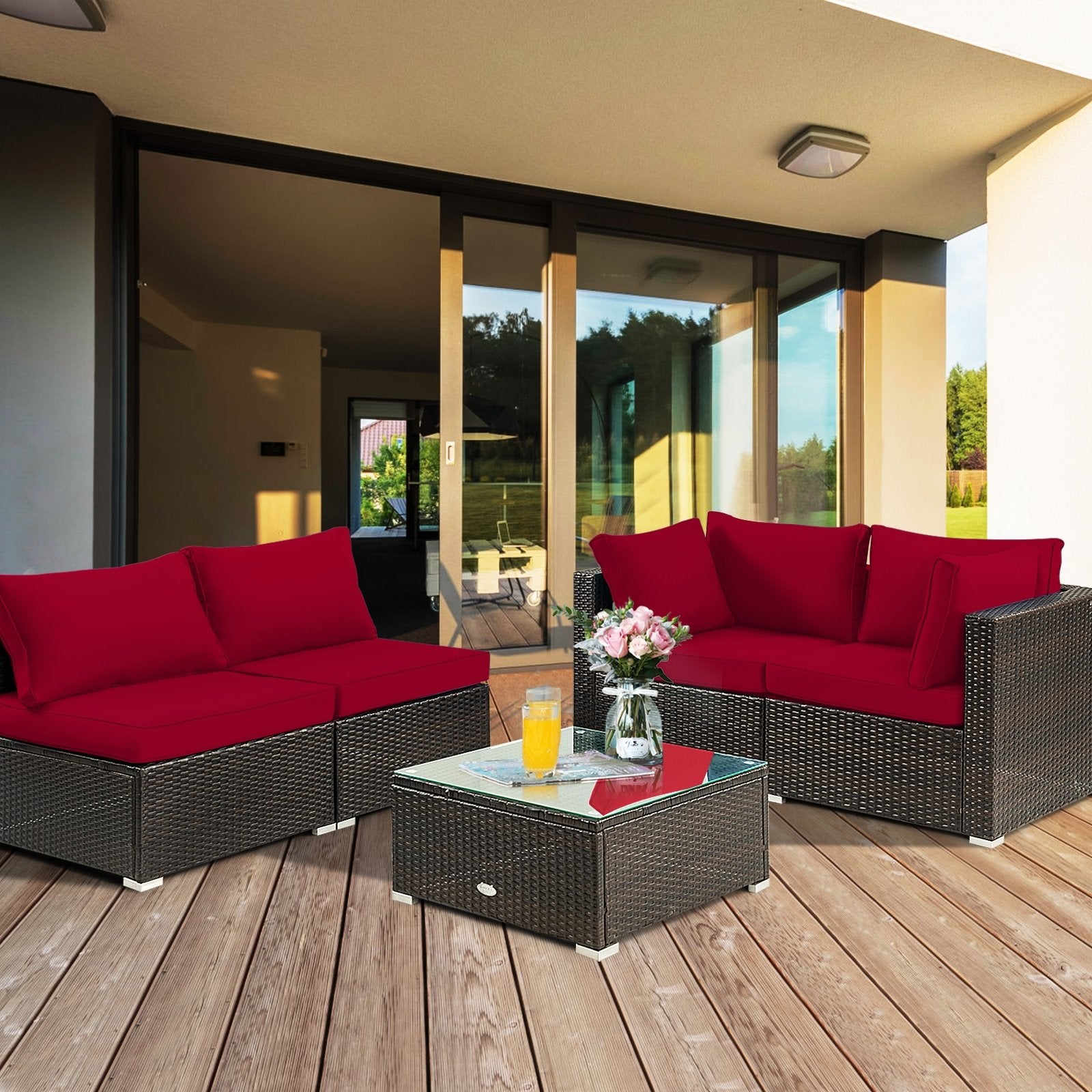 5 Pieces Cushioned Patio Rattan Furniture Set with Glass Table, Red Outdoor Sectionals   at Gallery Canada