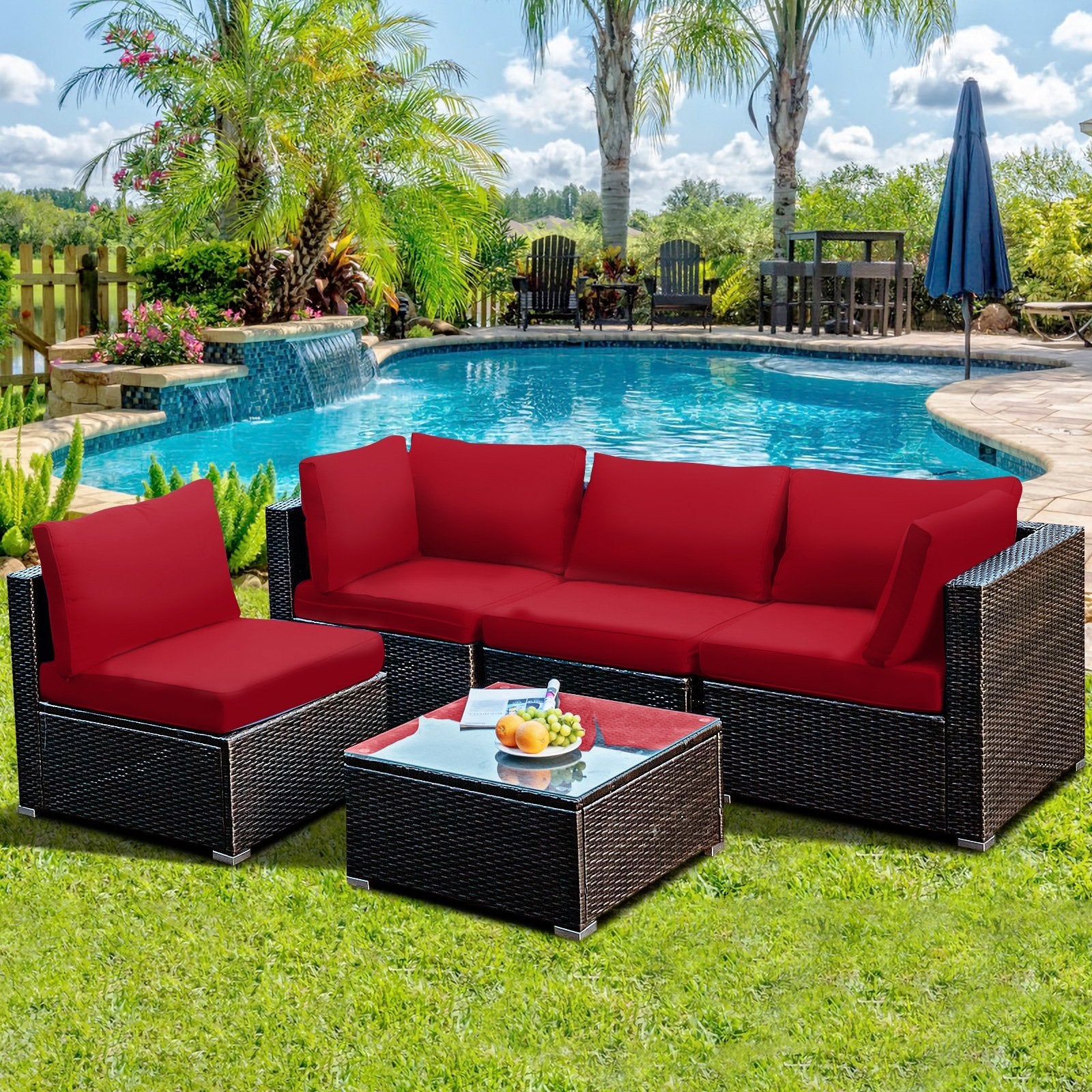 5 Pieces Cushioned Patio Rattan Furniture Set with Glass Table, Red Outdoor Sectionals   at Gallery Canada