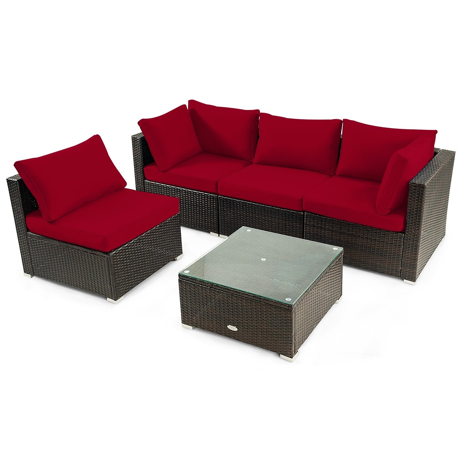 5 Pieces Cushioned Patio Rattan Furniture Set with Glass Table, Red Outdoor Sectionals   at Gallery Canada