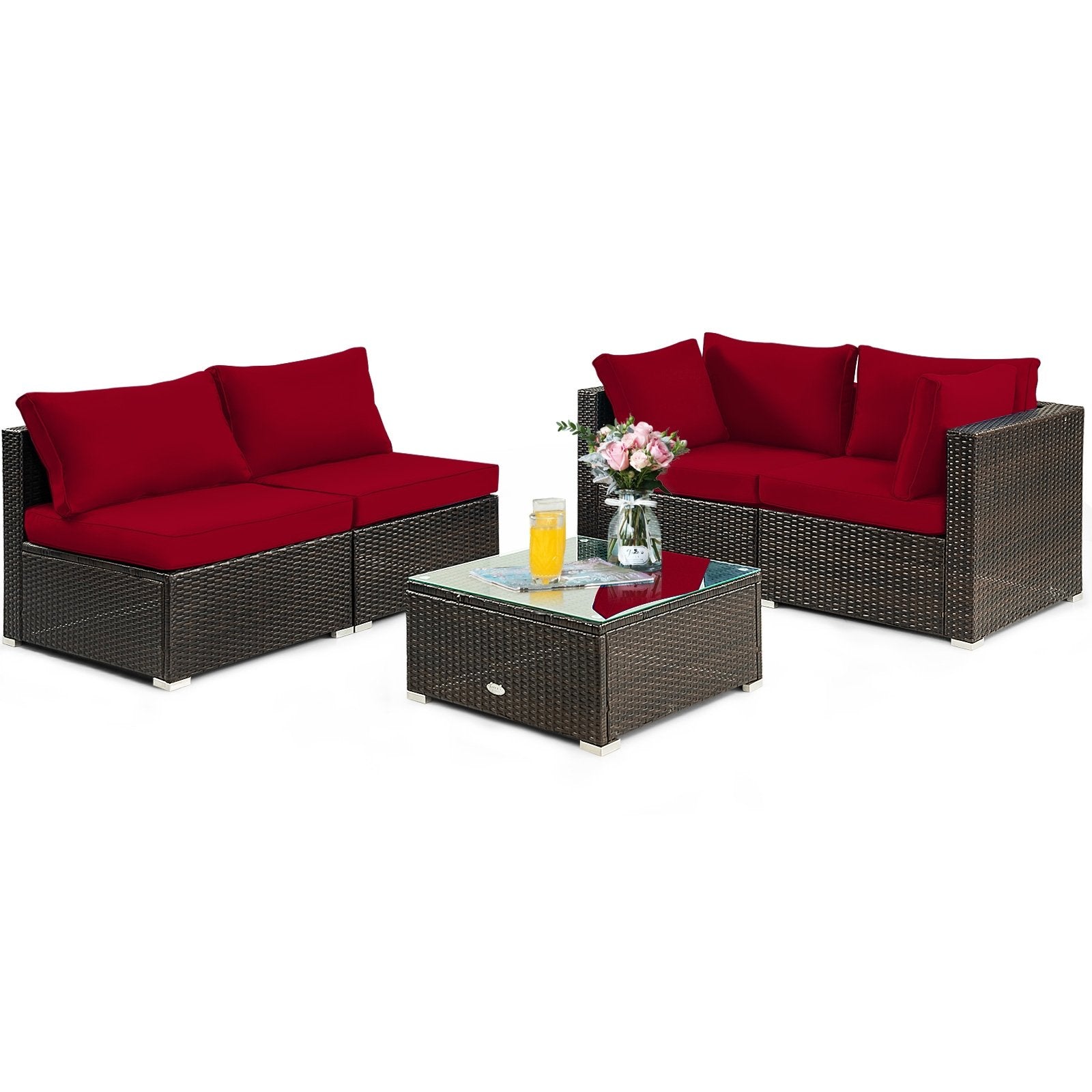 5 Pieces Cushioned Patio Rattan Furniture Set with Glass Table, Red Outdoor Sectionals   at Gallery Canada