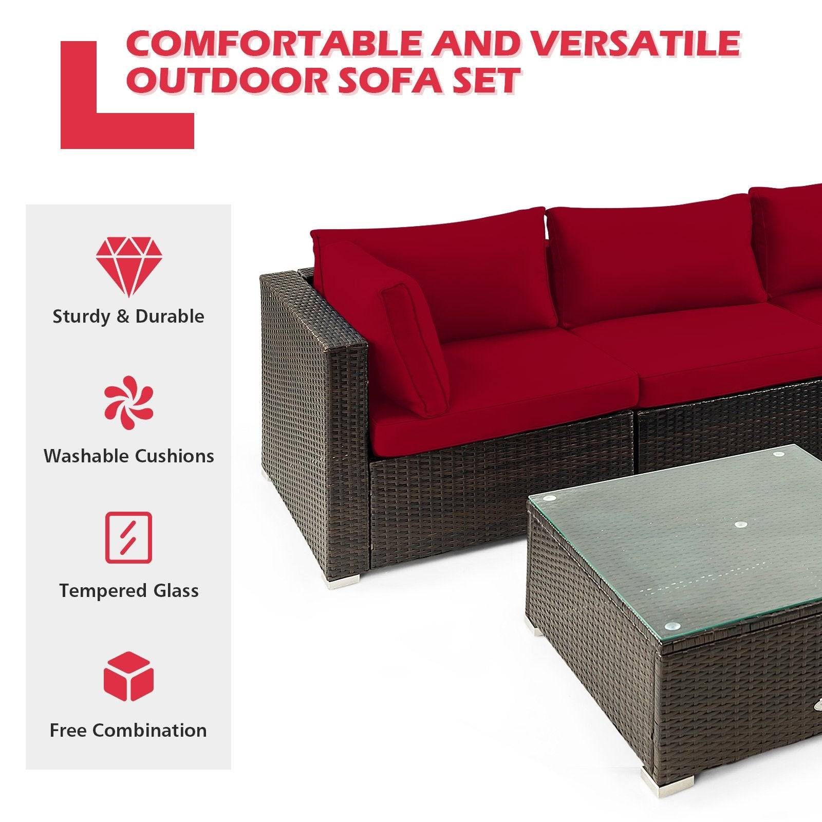 5 Pieces Cushioned Patio Rattan Furniture Set with Glass Table, Red Outdoor Sectionals   at Gallery Canada