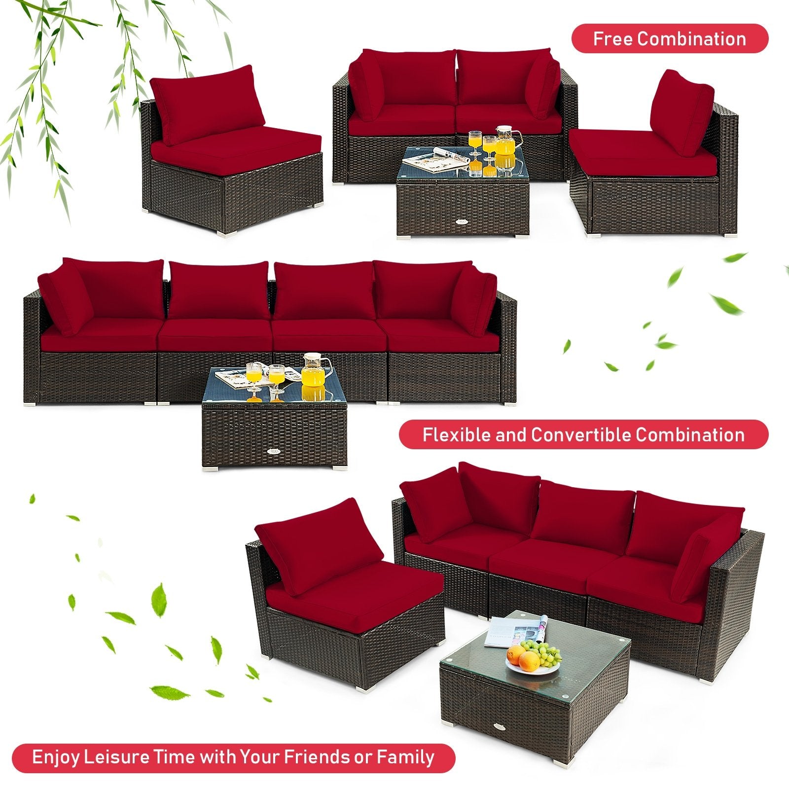 5 Pieces Cushioned Patio Rattan Furniture Set with Glass Table, Red Outdoor Sectionals   at Gallery Canada