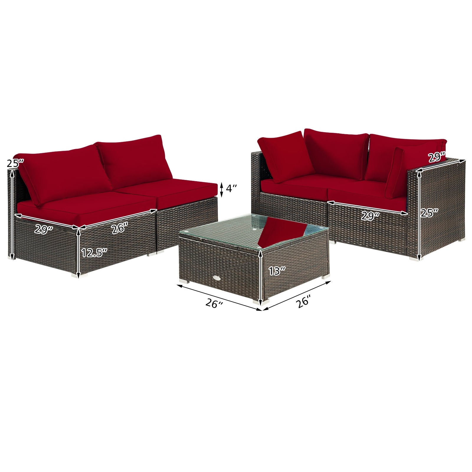 5 Pieces Cushioned Patio Rattan Furniture Set with Glass Table, Red Outdoor Sectionals at Gallery Canada