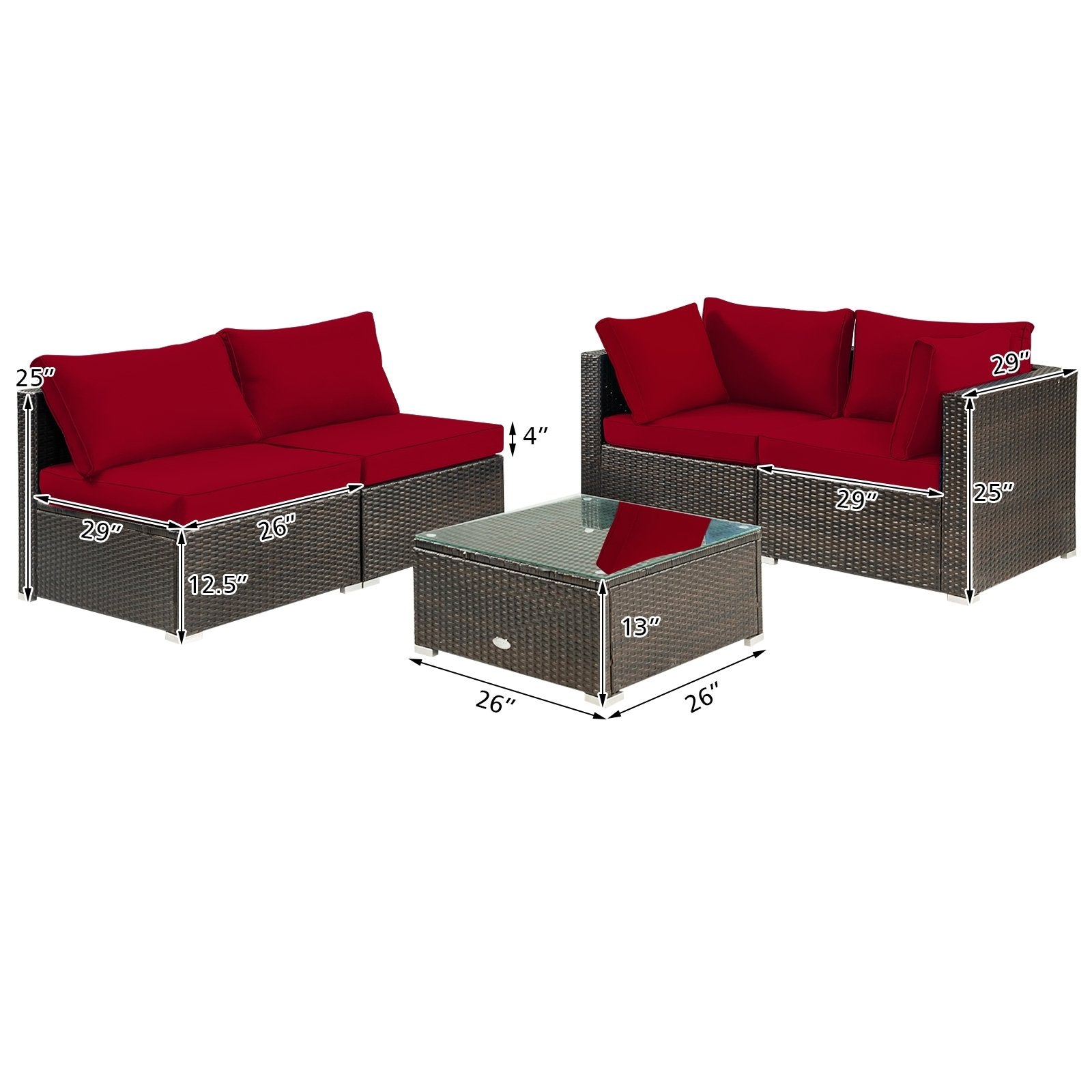 5 Pieces Cushioned Patio Rattan Furniture Set with Glass Table, Red Outdoor Sectionals   at Gallery Canada