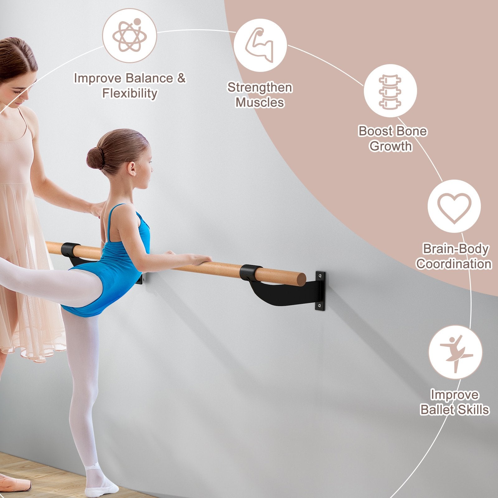 4 Feet Wall-Mounted Ballet Barre for Yoga, Black Yoga Accessories   at Gallery Canada