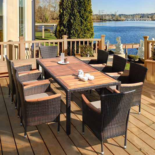 9 Pieces Rattan Dining Set with Acacia Wood Table and Stackable Cushioned Chairs - Gallery Canada