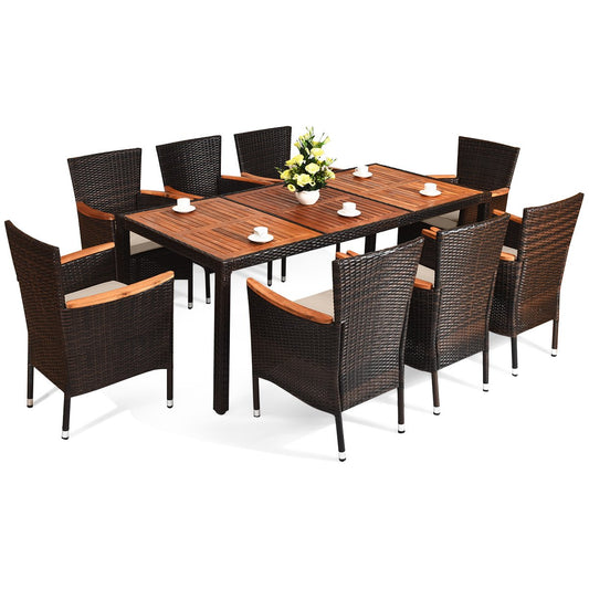 9 Pieces Rattan Dining Set with Acacia Wood Table and Stackable Cushioned Chairs - Gallery Canada