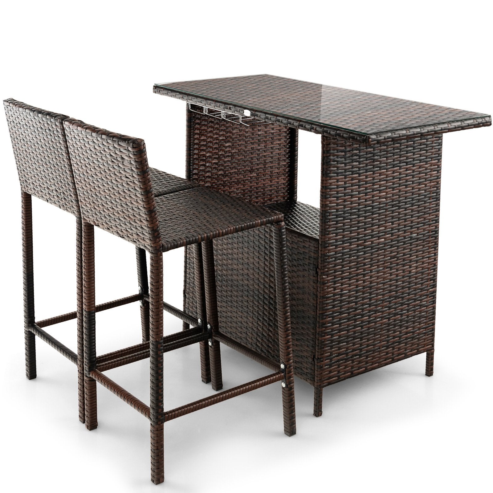 3 Pieces Outdoor Wicker Bar Set with 3 Rows Stemware Racks, Brown Patio Bar Furniture   at Gallery Canada