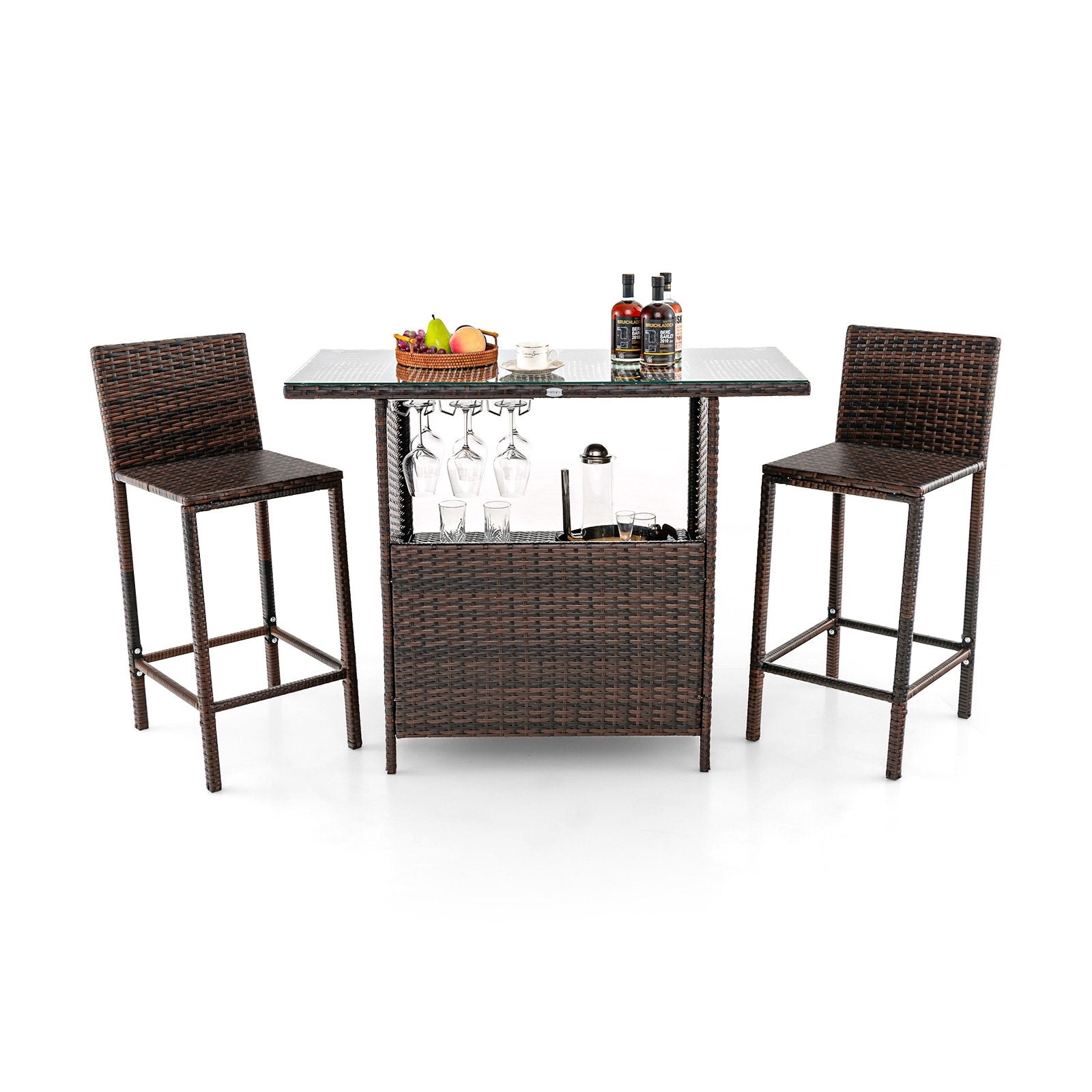 3 Pieces Outdoor Wicker Bar Set with 3 Rows Stemware Racks, Brown Patio Bar Furniture   at Gallery Canada