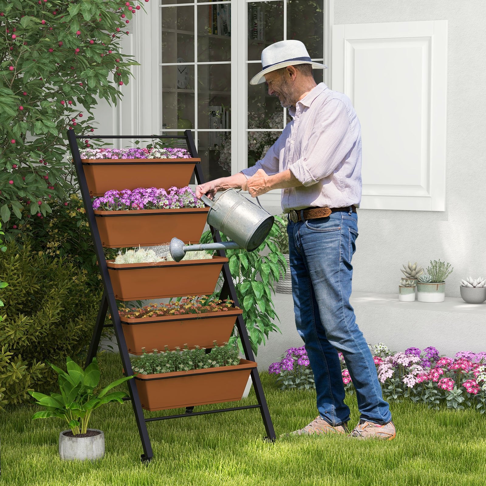 5-Tier Vertical Raised Garden Bed with Wheels and Container Boxes, Brown - Gallery Canada