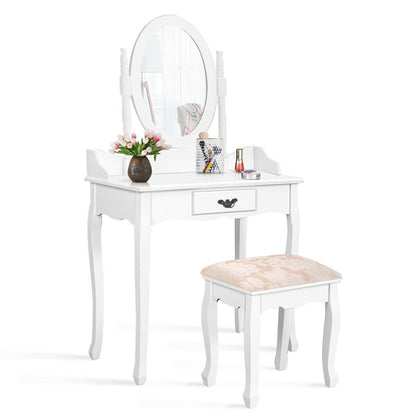 Wooden Vanity Makeup Set with Cushioned Stool and Oval Rotating Mirror, White Makeup Vanities   at Gallery Canada