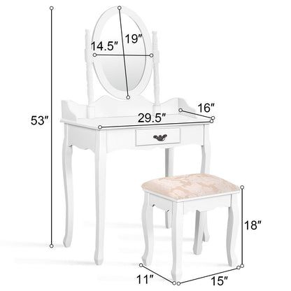 Wooden Vanity Makeup Set with Cushioned Stool and Oval Rotating Mirror, White Makeup Vanities   at Gallery Canada