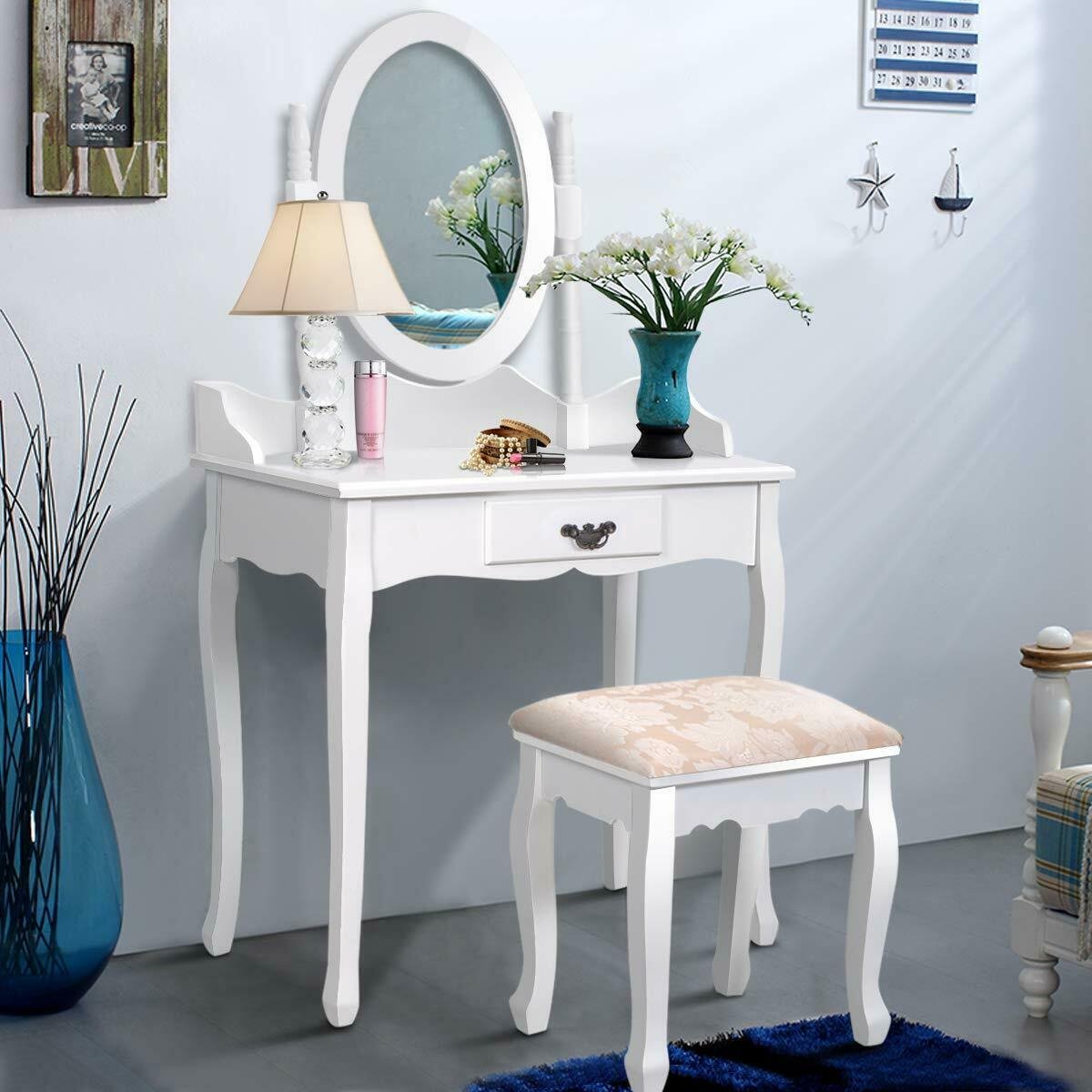 Wooden Vanity Makeup Set with Cushioned Stool and Oval Rotating Mirror, White Makeup Vanities   at Gallery Canada