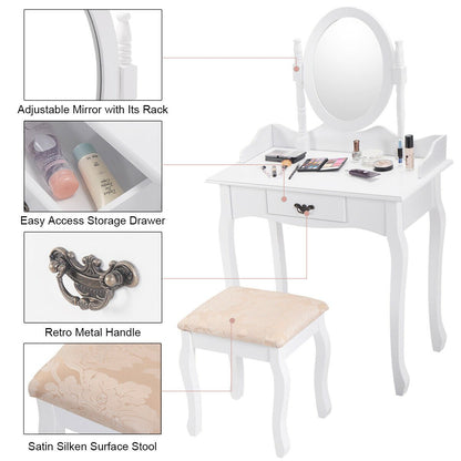 Wooden Vanity Makeup Set with Cushioned Stool and Oval Rotating Mirror, White Makeup Vanities   at Gallery Canada