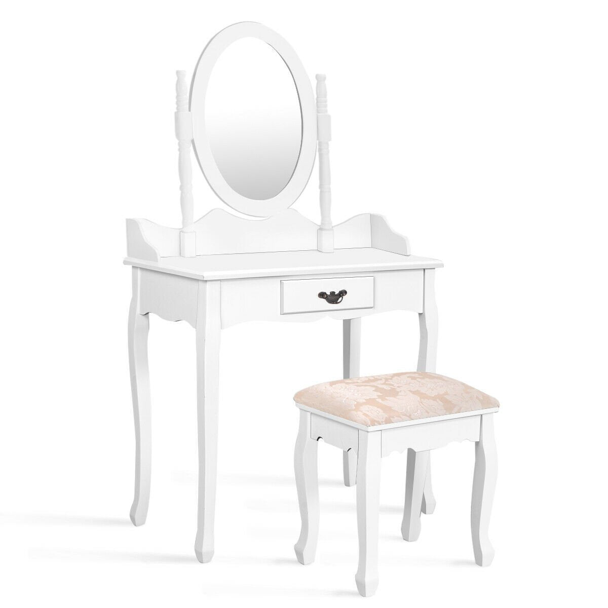 Wooden Vanity Makeup Set with Cushioned Stool and Oval Rotating Mirror, White Makeup Vanities   at Gallery Canada