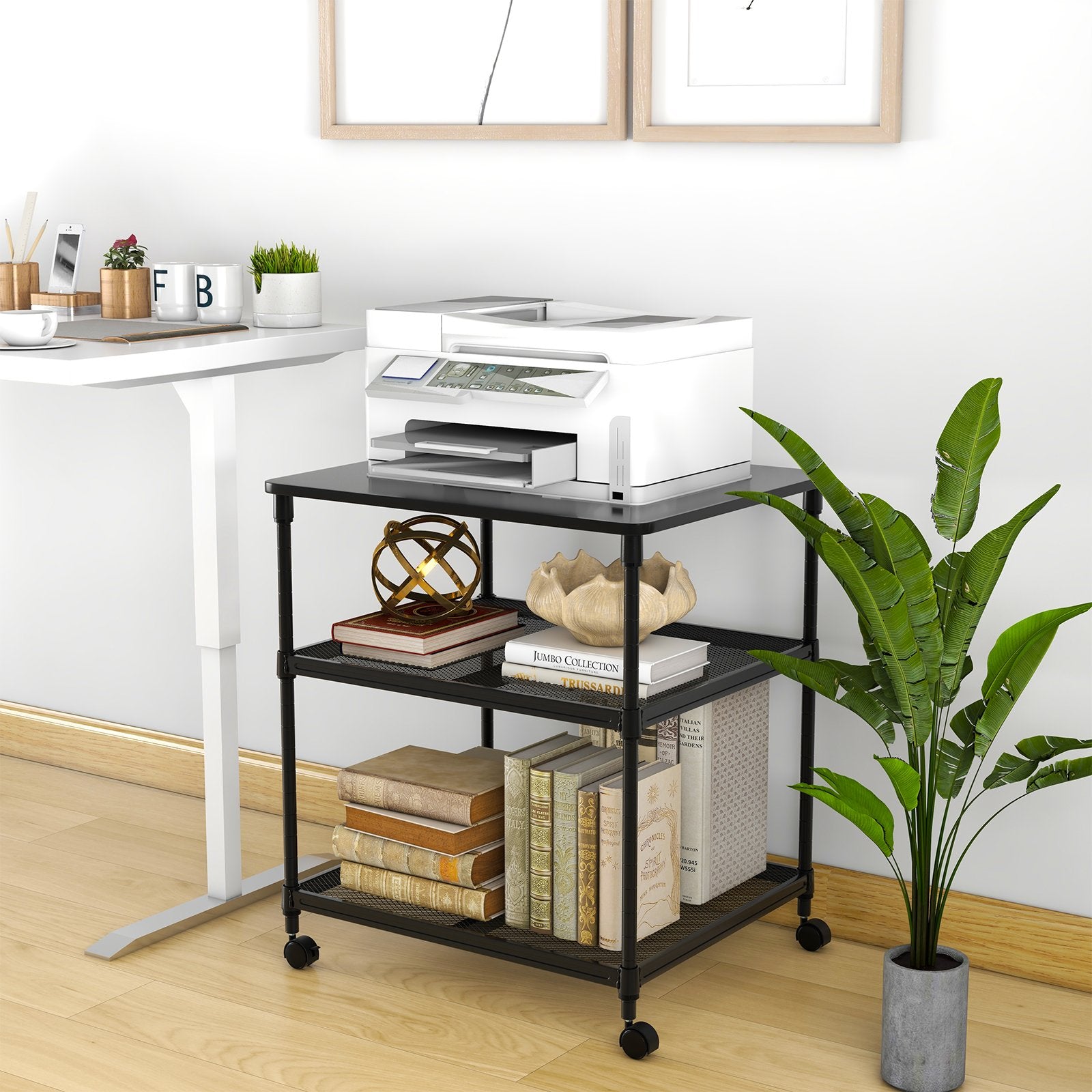 3 Tier Printer Stand Rolling Fax Cart with Adjustable Shelf and Swivel Wheels, Black Laptop Tables & Printer Stands   at Gallery Canada