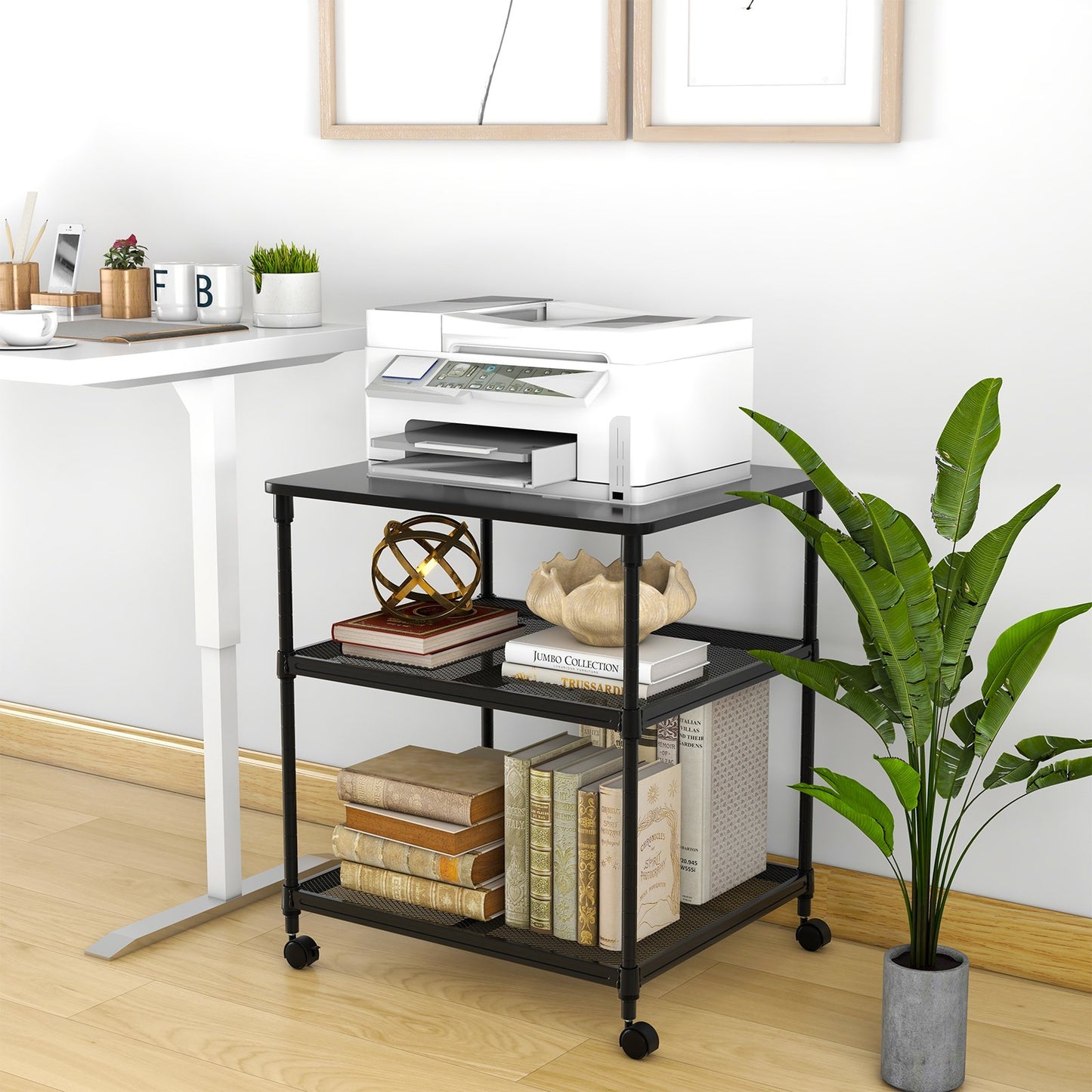 3 Tier Printer Stand Rolling Fax Cart with Adjustable Shelf and Swivel Wheels, Black - Gallery Canada