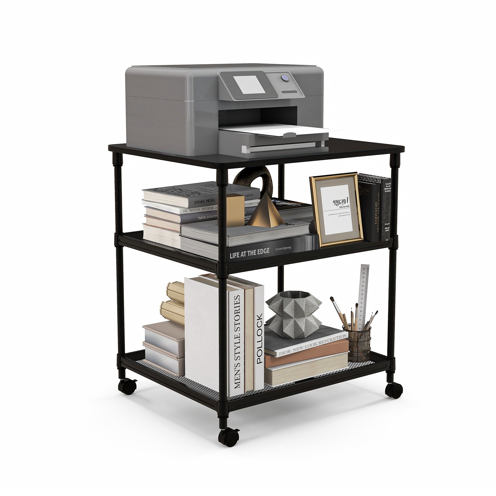 3 Tier Printer Stand Rolling Fax Cart with Adjustable Shelf and Swivel Wheels, Black Laptop Tables & Printer Stands   at Gallery Canada