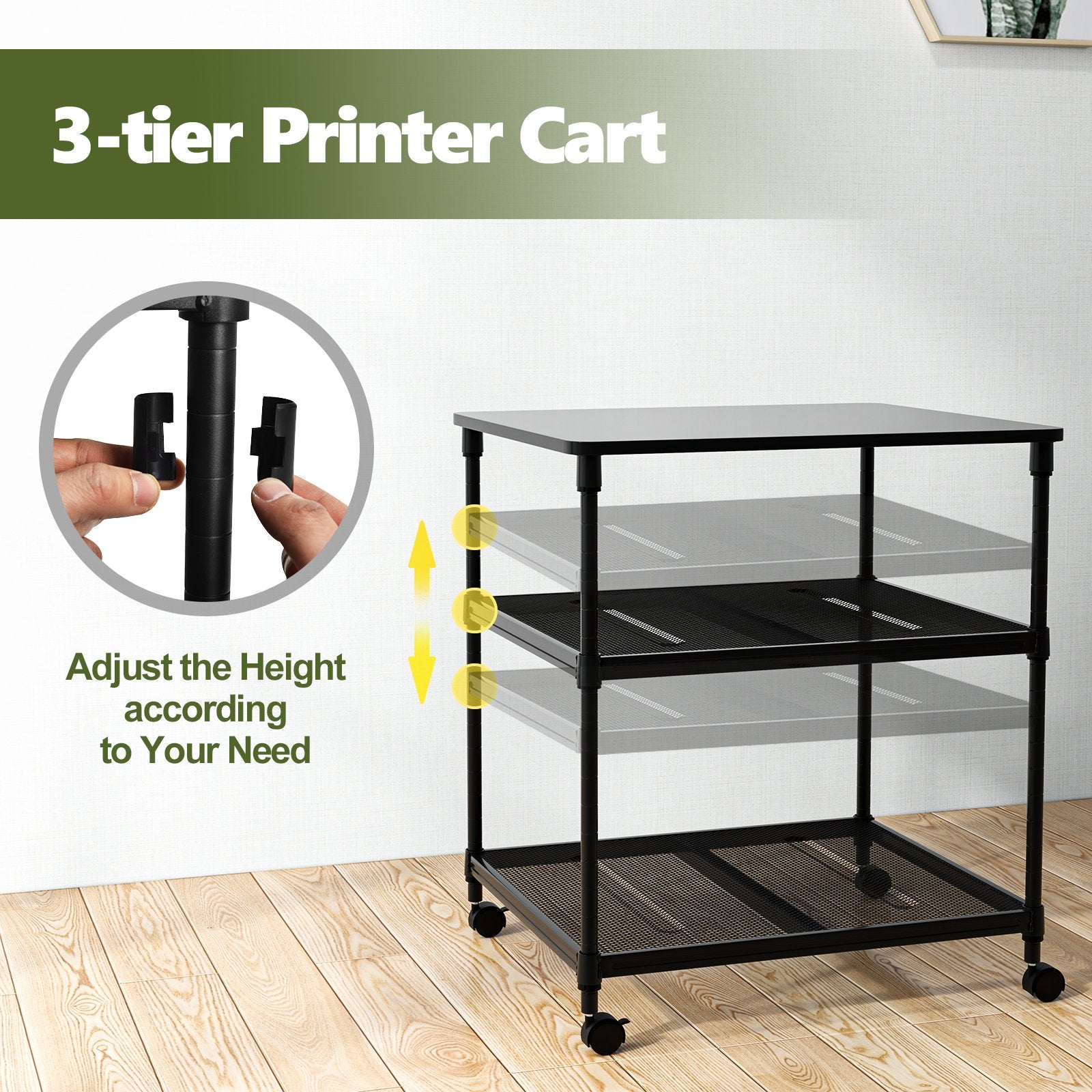 3 Tier Printer Stand Rolling Fax Cart with Adjustable Shelf and Swivel Wheels, Black Laptop Tables & Printer Stands   at Gallery Canada