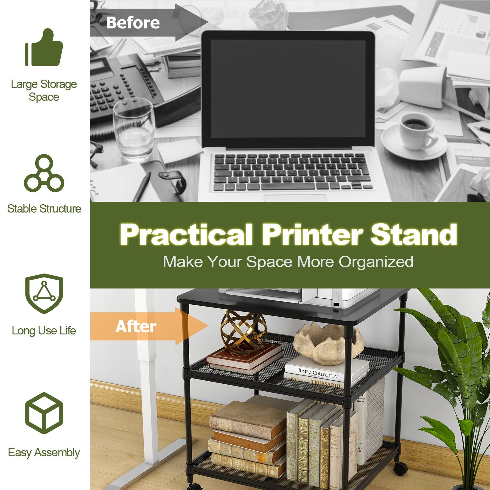 3 Tier Printer Stand Rolling Fax Cart with Adjustable Shelf and Swivel Wheels, Black Laptop Tables & Printer Stands   at Gallery Canada