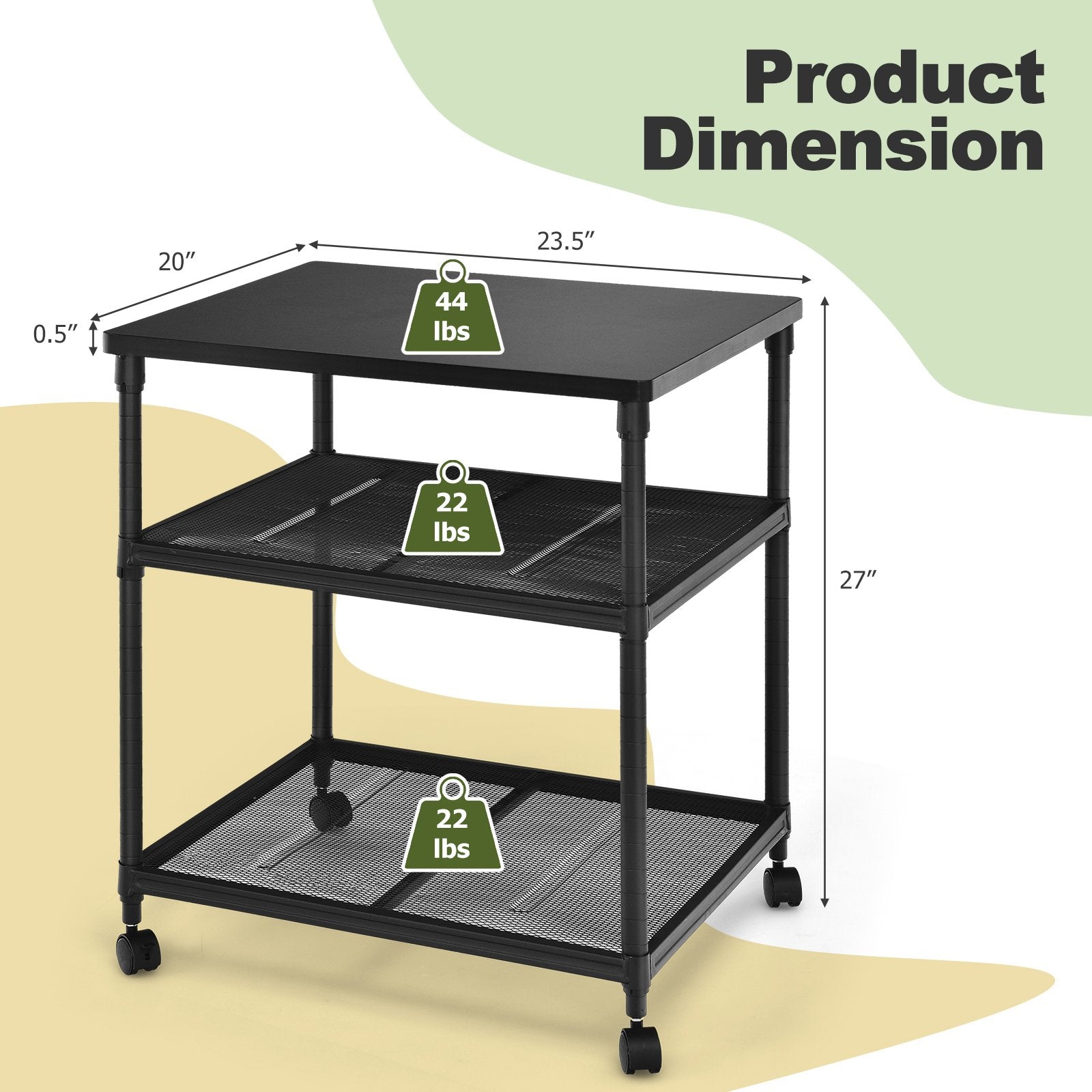 3 Tier Printer Stand Rolling Fax Cart with Adjustable Shelf and Swivel Wheels, Black - Gallery Canada