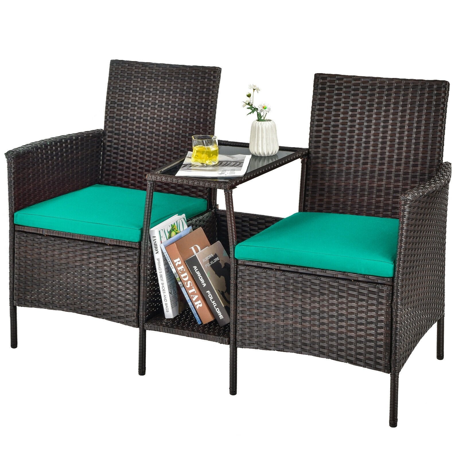 Patio Rattan Wicker Conversation Set Sofa Cushioned Loveseat Glass Table, Turquoise Patio Conversation Sets   at Gallery Canada