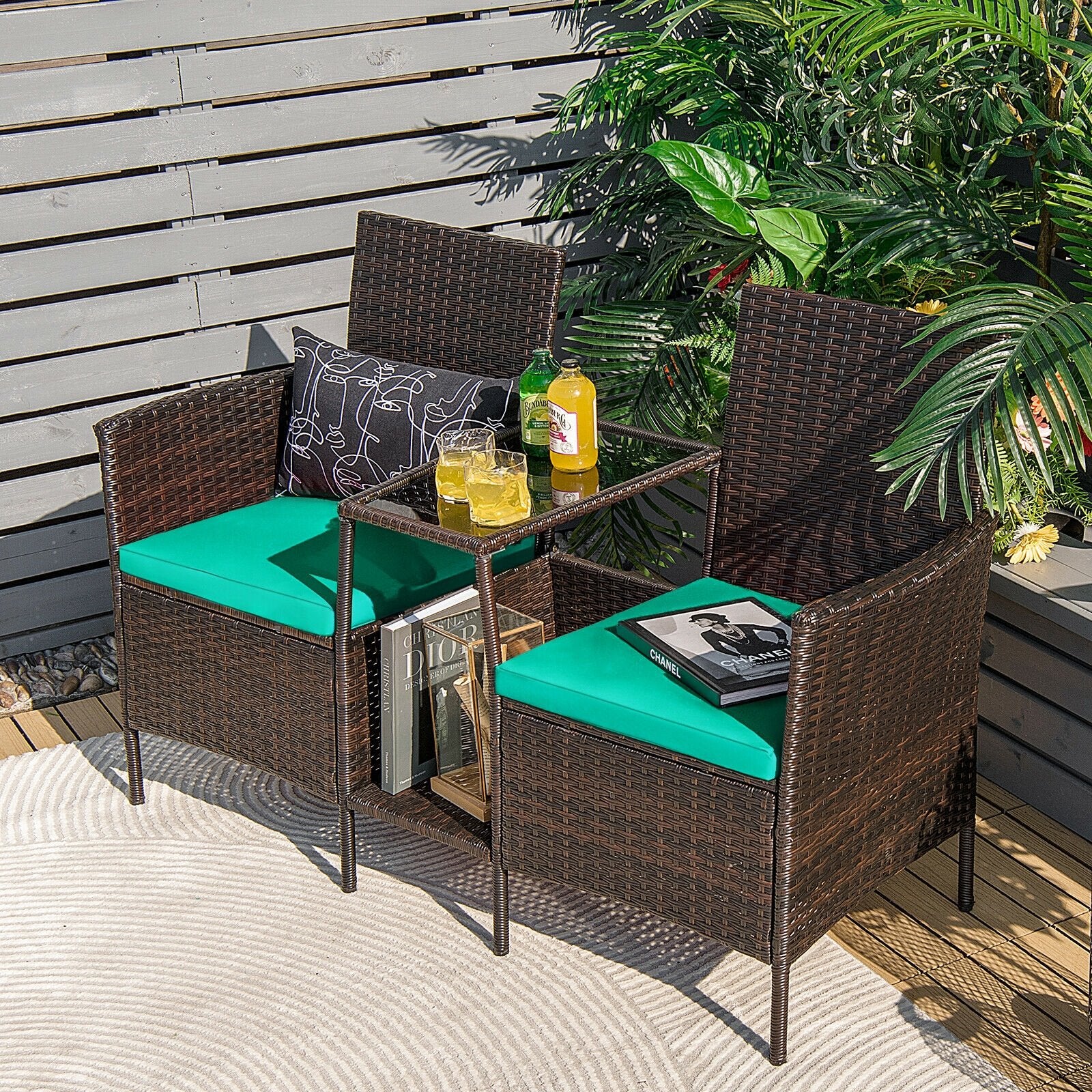 Patio Rattan Wicker Conversation Set Sofa Cushioned Loveseat Glass Table, Turquoise Patio Conversation Sets   at Gallery Canada