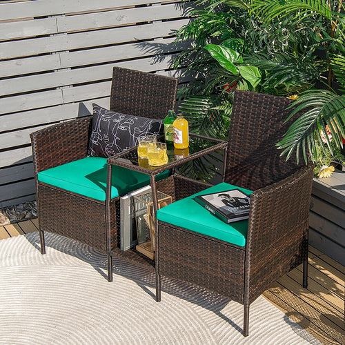 Patio Rattan Wicker Conversation Set Sofa Cushioned Loveseat Glass Table, Turquoise