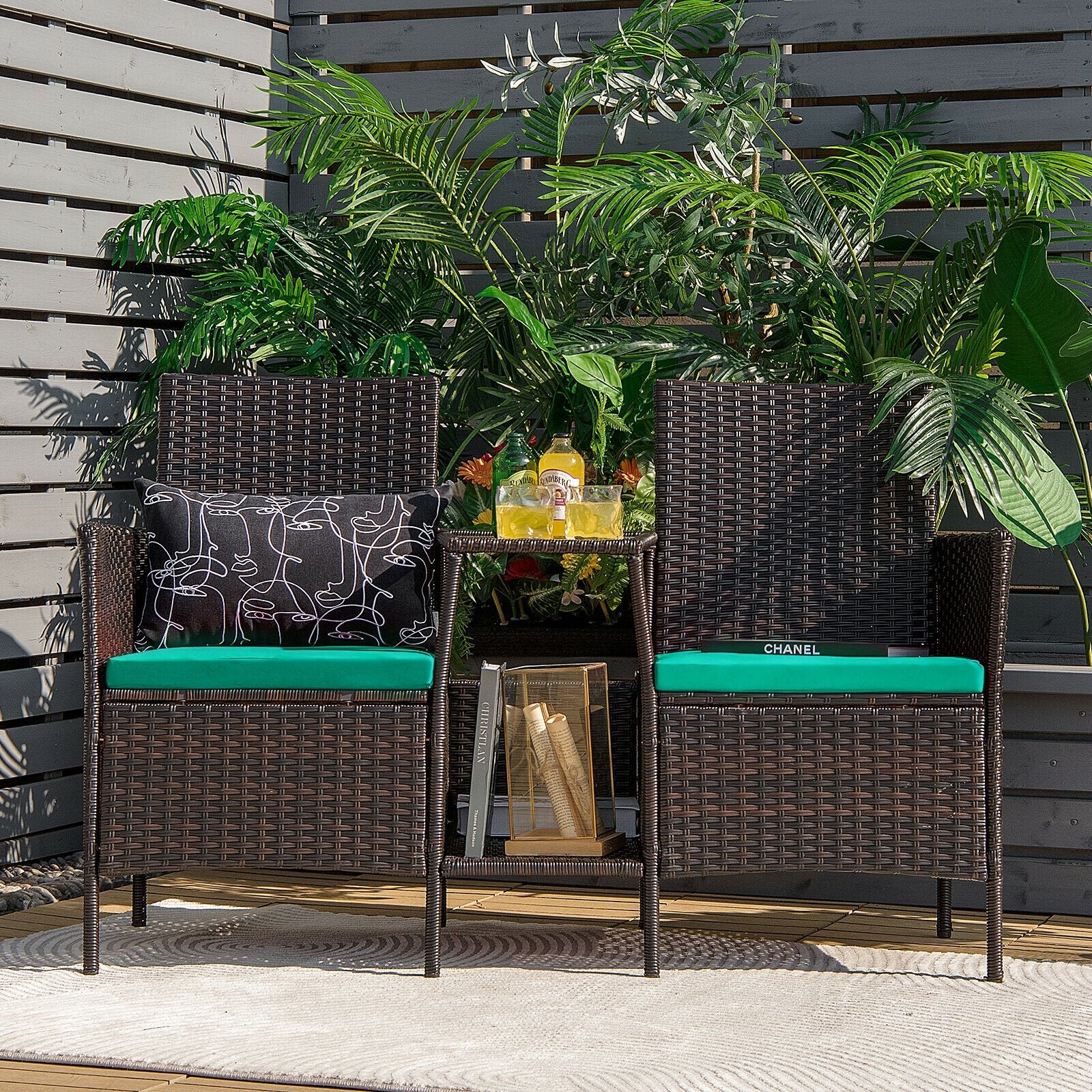 Patio Rattan Wicker Conversation Set Sofa Cushioned Loveseat Glass Table, Turquoise Patio Conversation Sets   at Gallery Canada