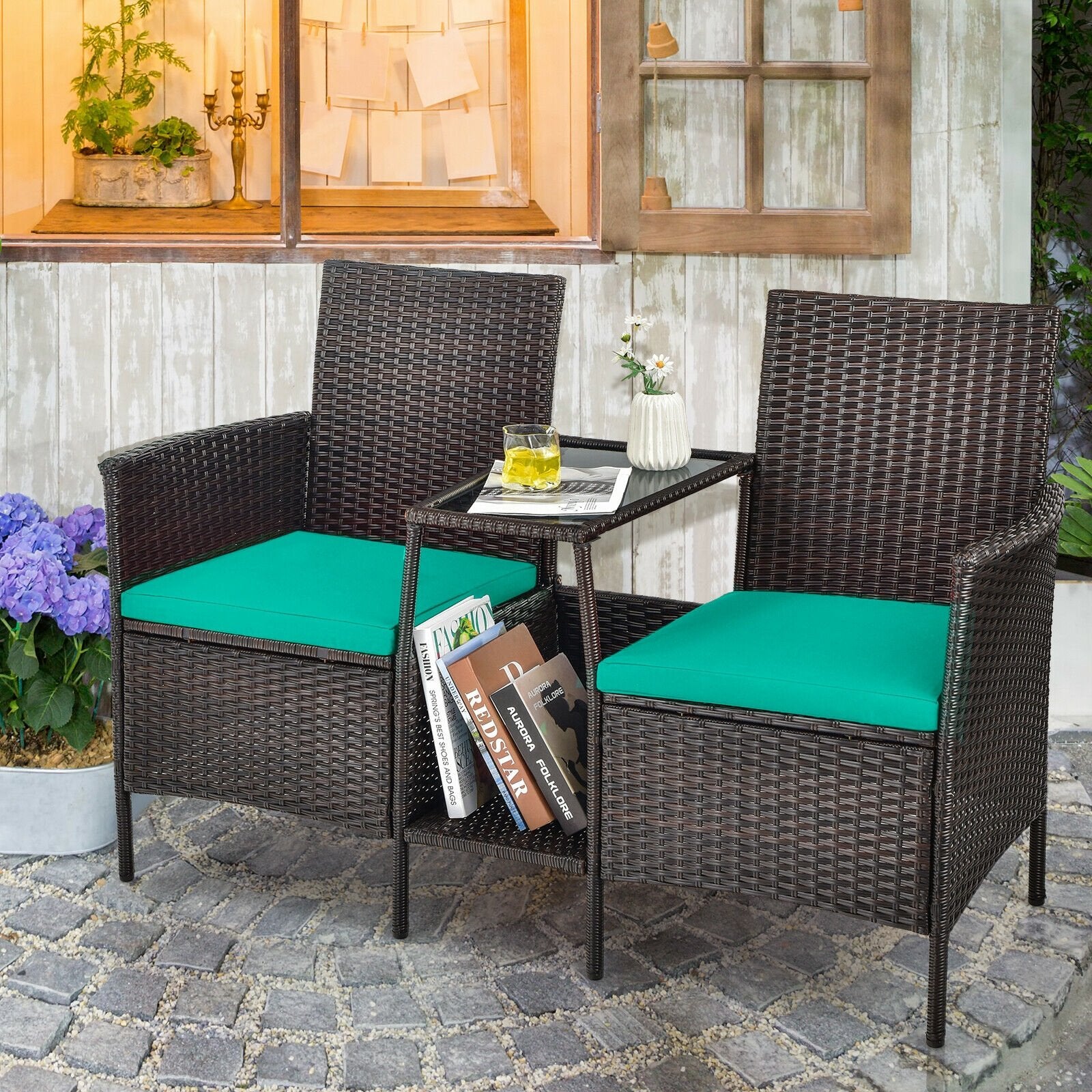 Patio Rattan Wicker Conversation Set Sofa Cushioned Loveseat Glass Table, Turquoise Patio Conversation Sets   at Gallery Canada