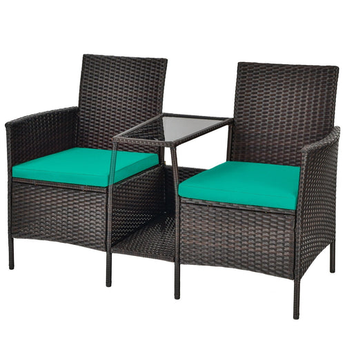 Patio Rattan Wicker Conversation Set Sofa Cushioned Loveseat Glass Table, Turquoise