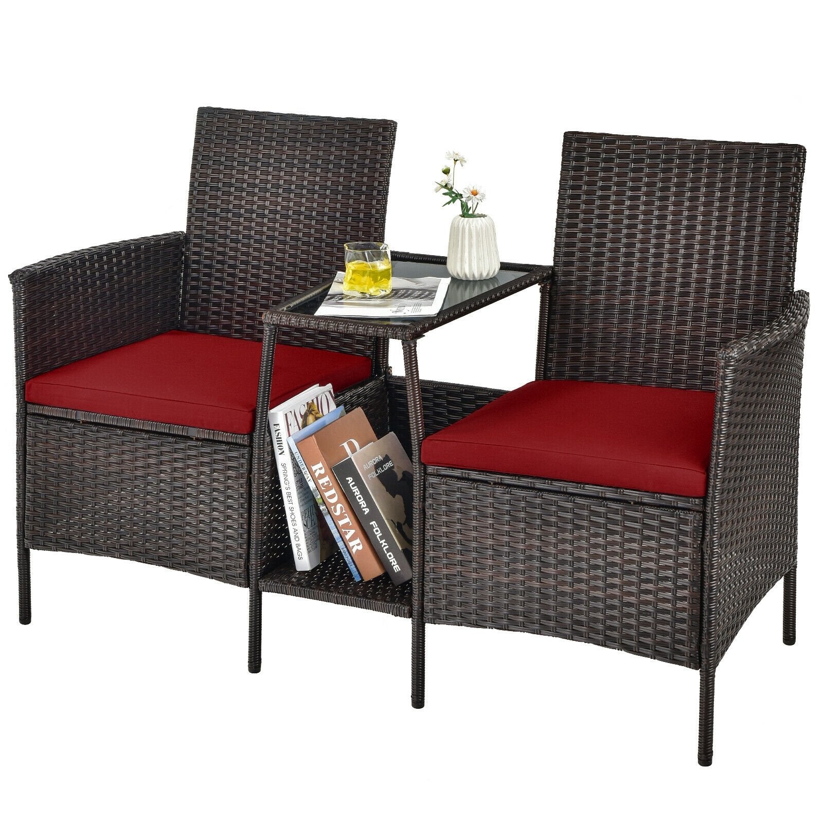 Patio Rattan Wicker Conversation Set Sofa Cushioned Loveseat Glass Table, Red Patio Conversation Sets   at Gallery Canada