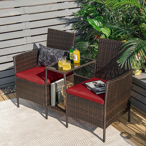 Patio Rattan Wicker Conversation Set Sofa Cushioned Loveseat Glass Table, Red