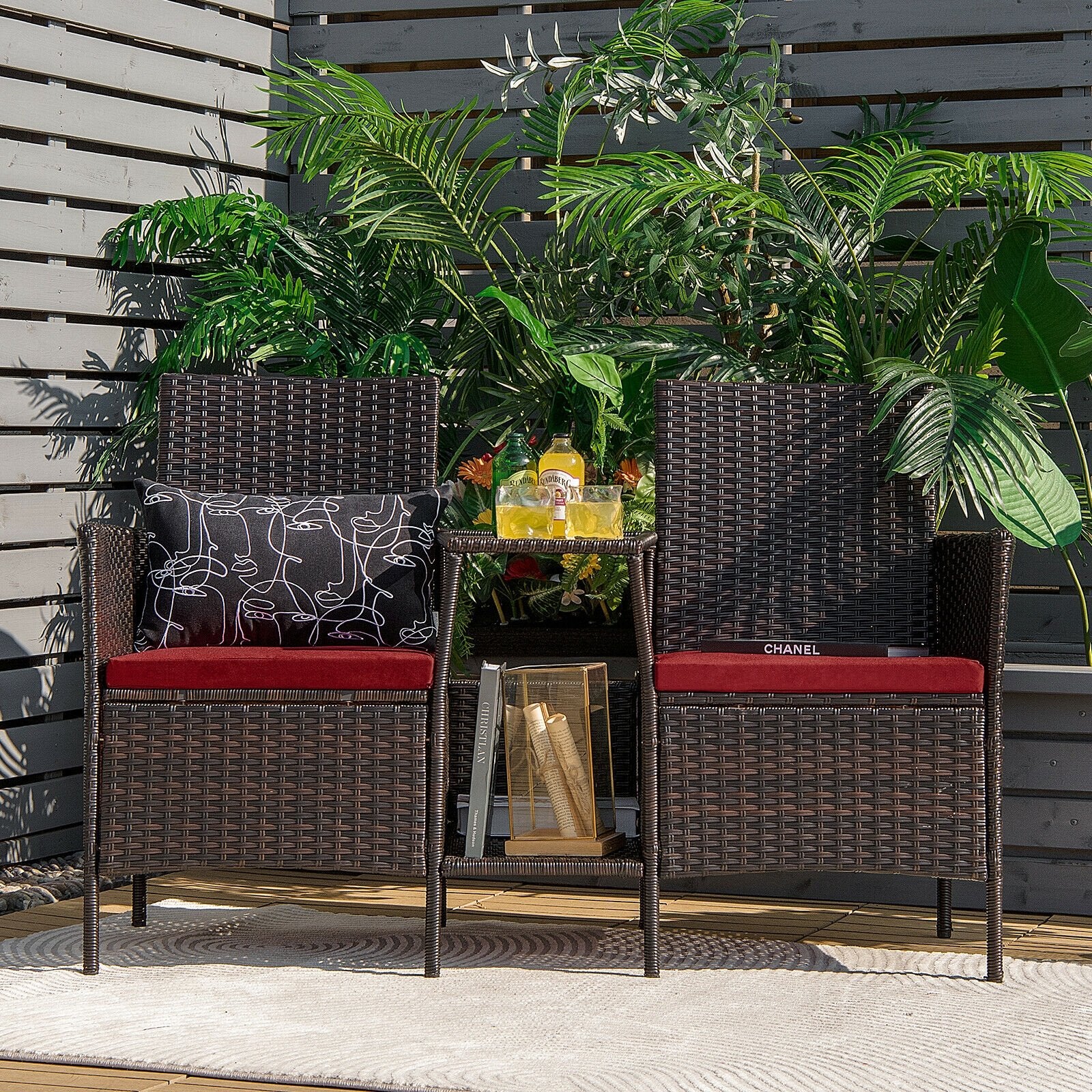 Patio Rattan Wicker Conversation Set Sofa Cushioned Loveseat Glass Table, Red Patio Conversation Sets   at Gallery Canada