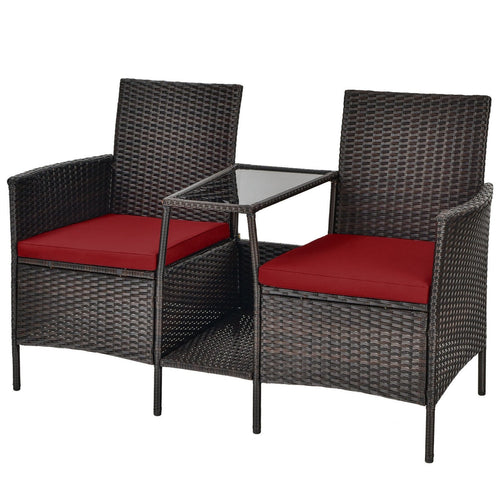 Patio Rattan Wicker Conversation Set Sofa Cushioned Loveseat Glass Table, Red