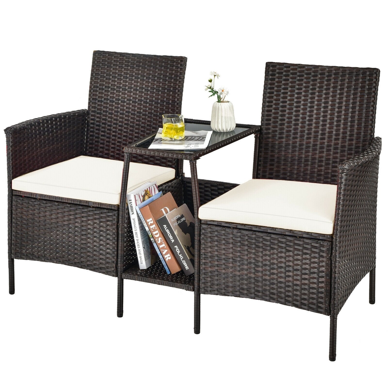 Patio Rattan Wicker Conversation Set Sofa Cushioned Loveseat Glass Table, Off White Patio Conversation Sets   at Gallery Canada