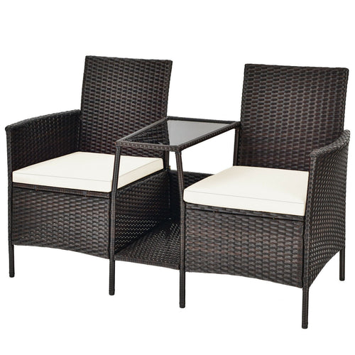 Patio Rattan Wicker Conversation Set Sofa Cushioned Loveseat Glass Table, Off White