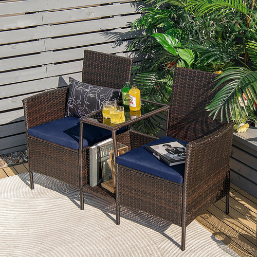 Patio Rattan Wicker Conversation Set Sofa Cushioned Loveseat Glass Table, Navy